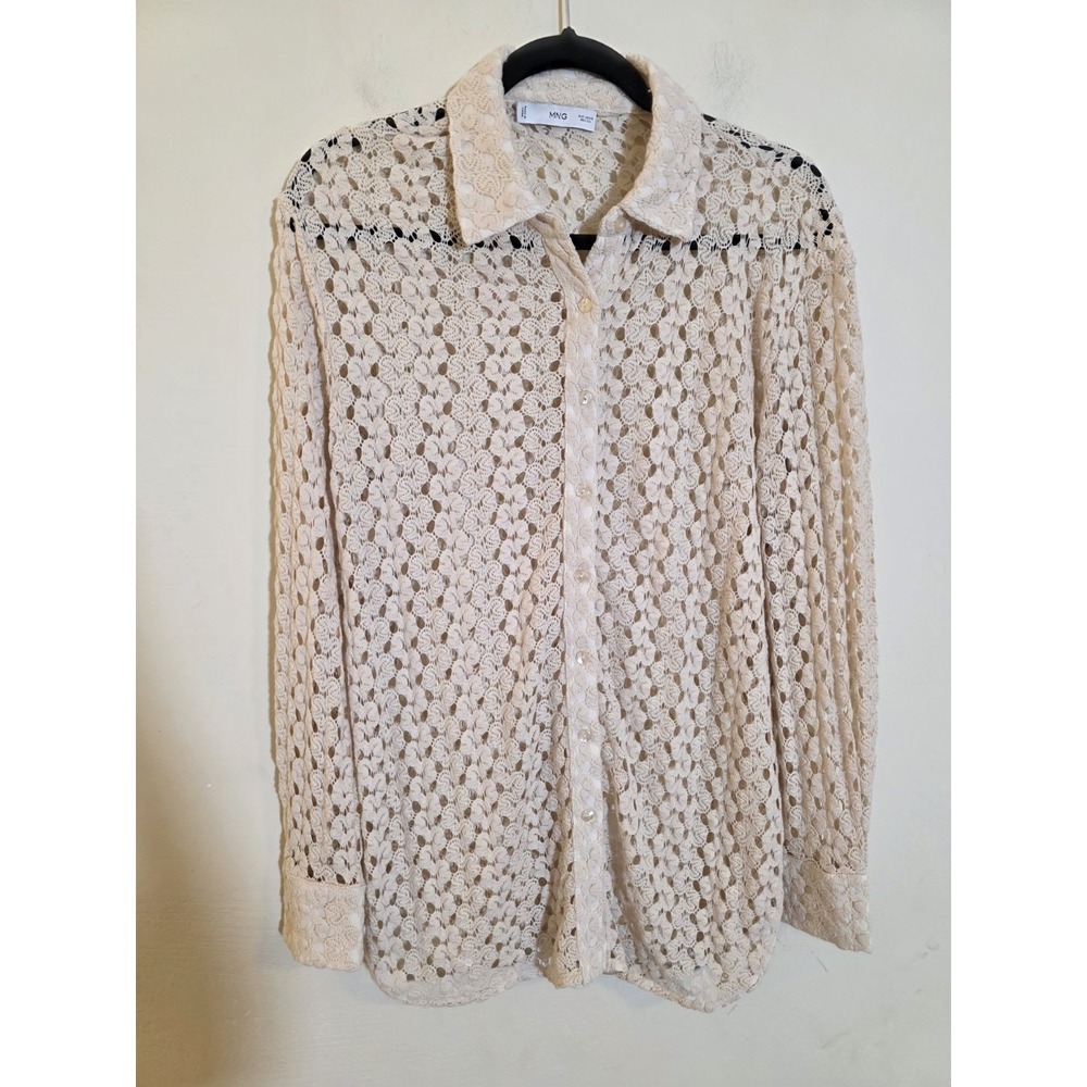 MNG Mango Crochet Size Small Beige Crochet  Long Sleeve‎ Button Down Top